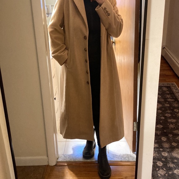 Vintage Wool Blend Long Tan Camel Coat Button Down Trench Oversized Jacket - Picture 12 of 14